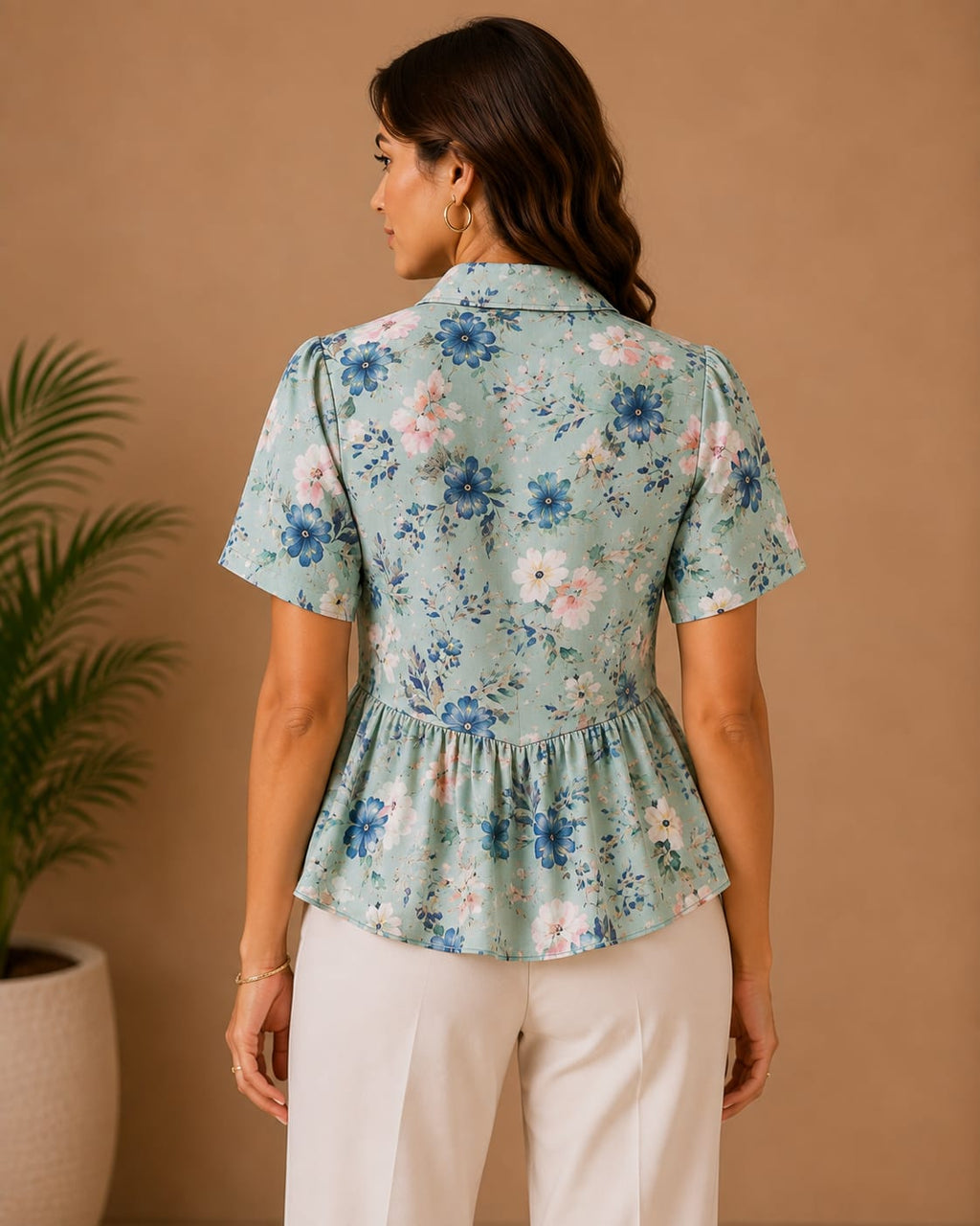 Women's Blue Floral Peplum Shirt with Collar | Premium Printed Top | Hey Martina