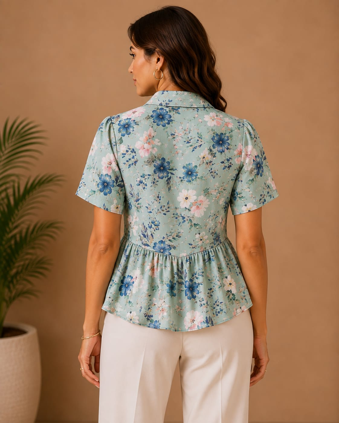 Women's Blue Floral Peplum Shirt with Collar | Premium Printed Top | Hey Martina