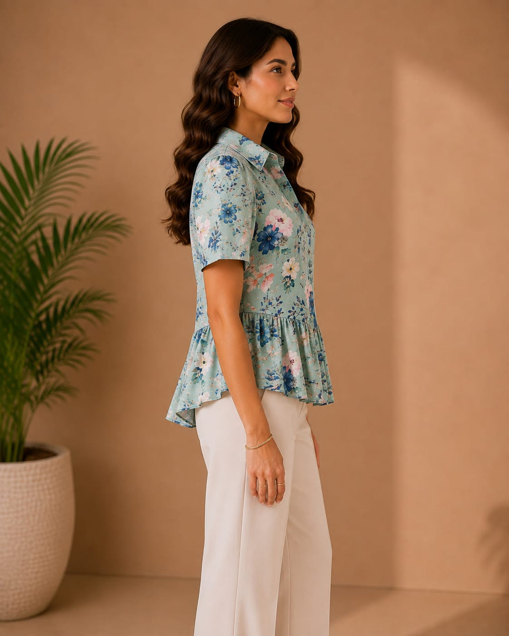 Women's Blue Floral Peplum Shirt with Collar | Premium Printed Top | Hey Martina