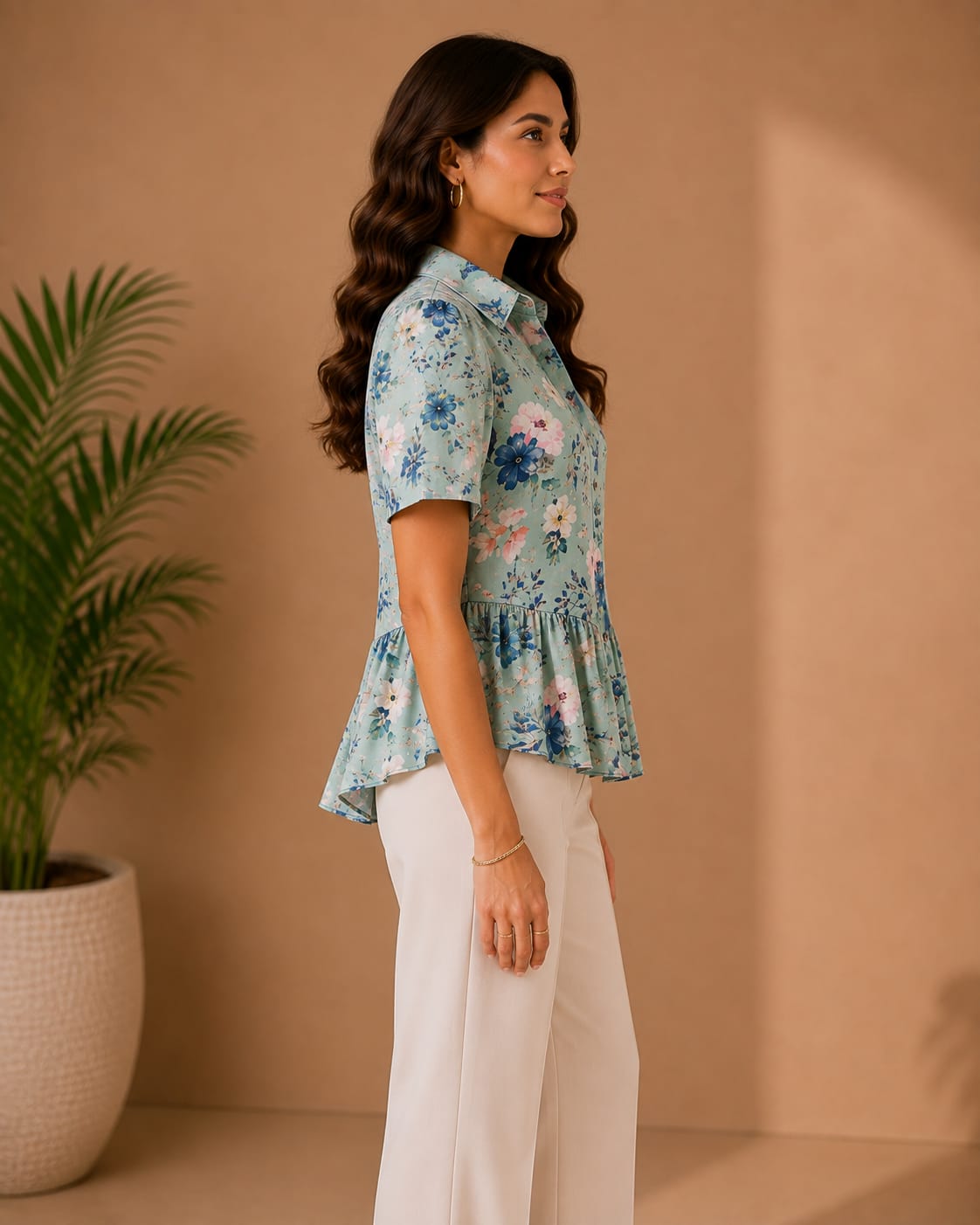 Women's Blue Floral Peplum Shirt with Collar | Premium Printed Top | Hey Martina