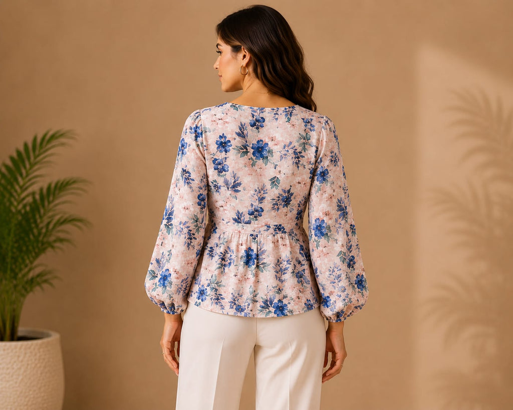 Women's Blue Floral Wrap Peplum Top with Balloon Sleeves | Hey Martina