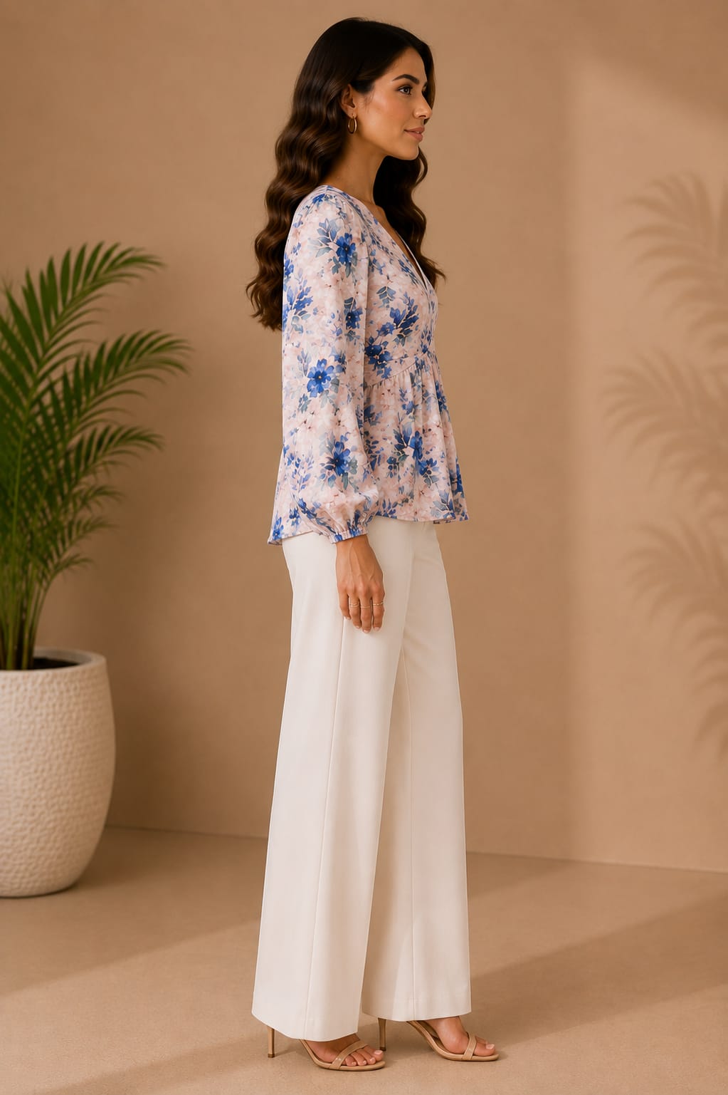 Women's Blue Floral Wrap Peplum Top with Balloon Sleeves | Hey Martina