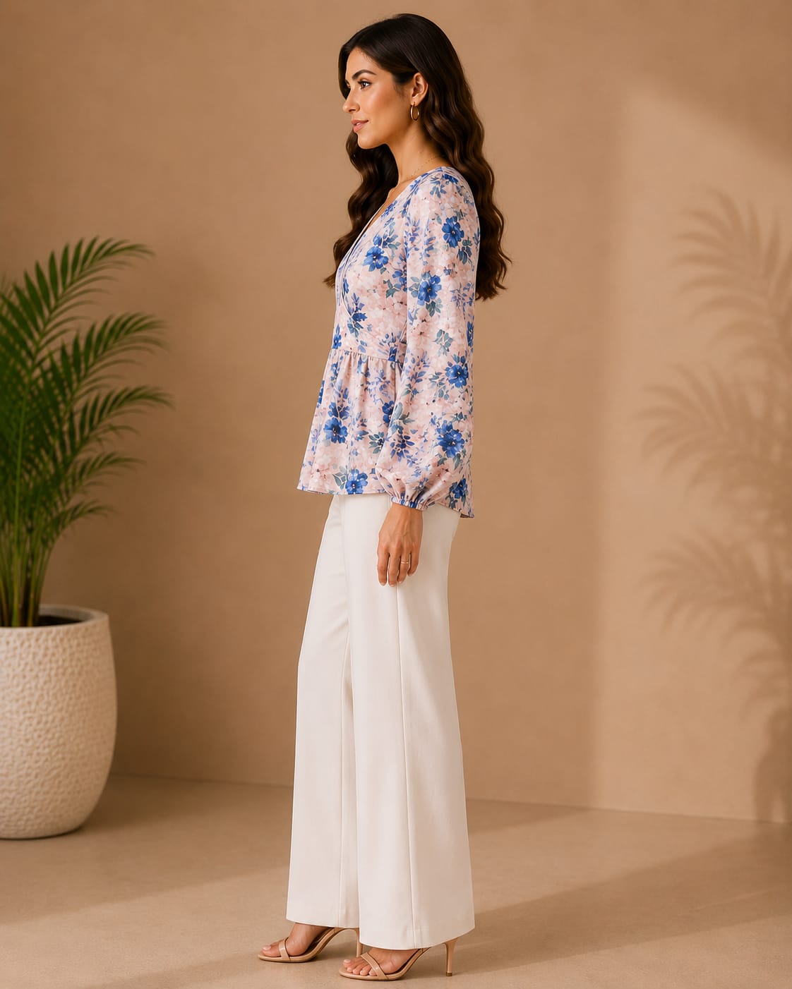 Women's Blue Floral Wrap Peplum Top with Balloon Sleeves | Hey Martina
