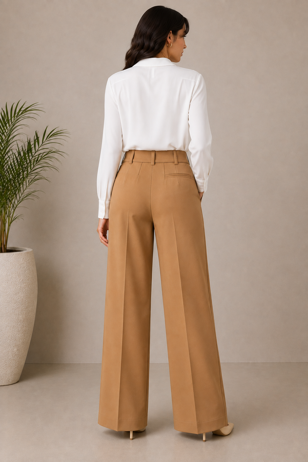 Women's Camel High-Waist Wide-Leg Trousers with Buckle Belt