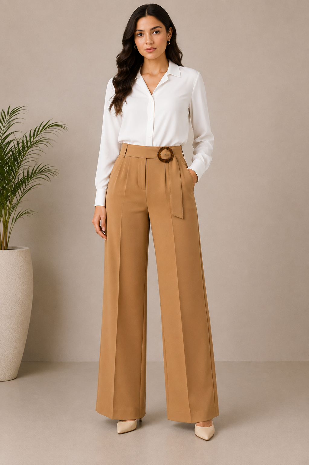 Women's Camel High-Waist Wide-Leg Trousers with Buckle Belt