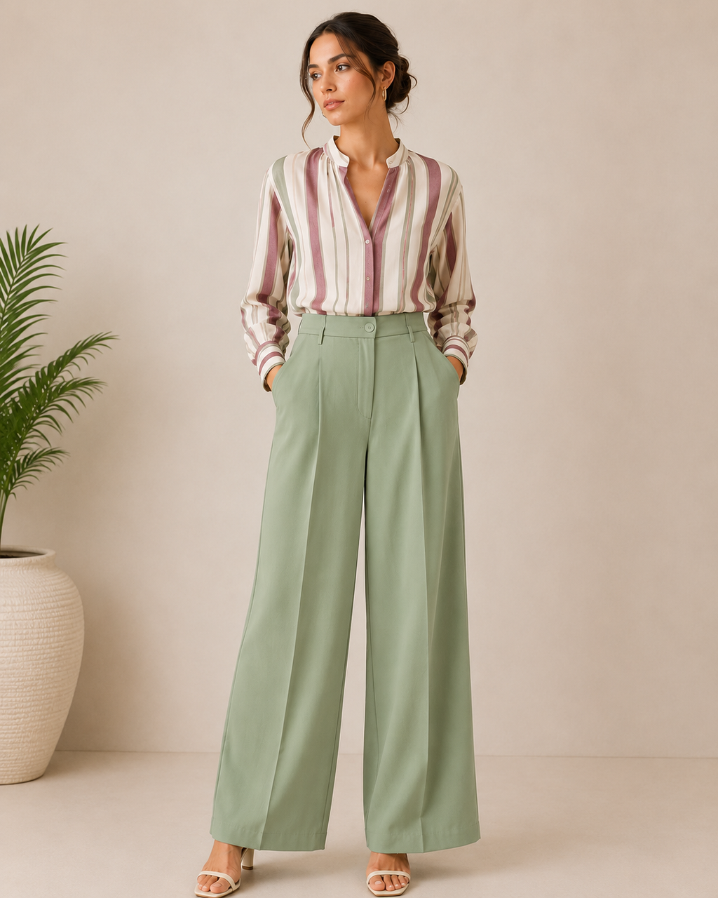 Women's High-Waist Wide-Leg Trousers – Sage Green | Premium Office Wear Pants | Hey Martina