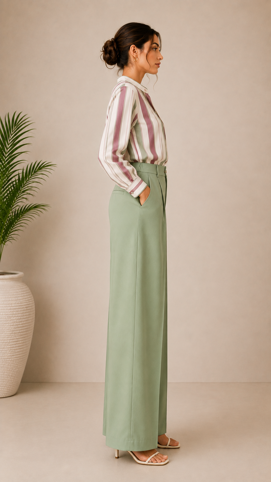 Women's High-Waist Wide-Leg Trousers – Sage Green | Premium Office Wear Pants | Hey Martina