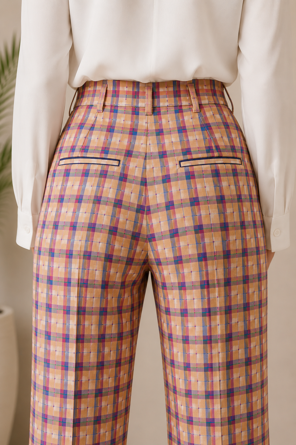 Women's High-Waist Plaid Straight-Leg Trousers – Multicolor Check | Premium Office Wear | Hey Martina
