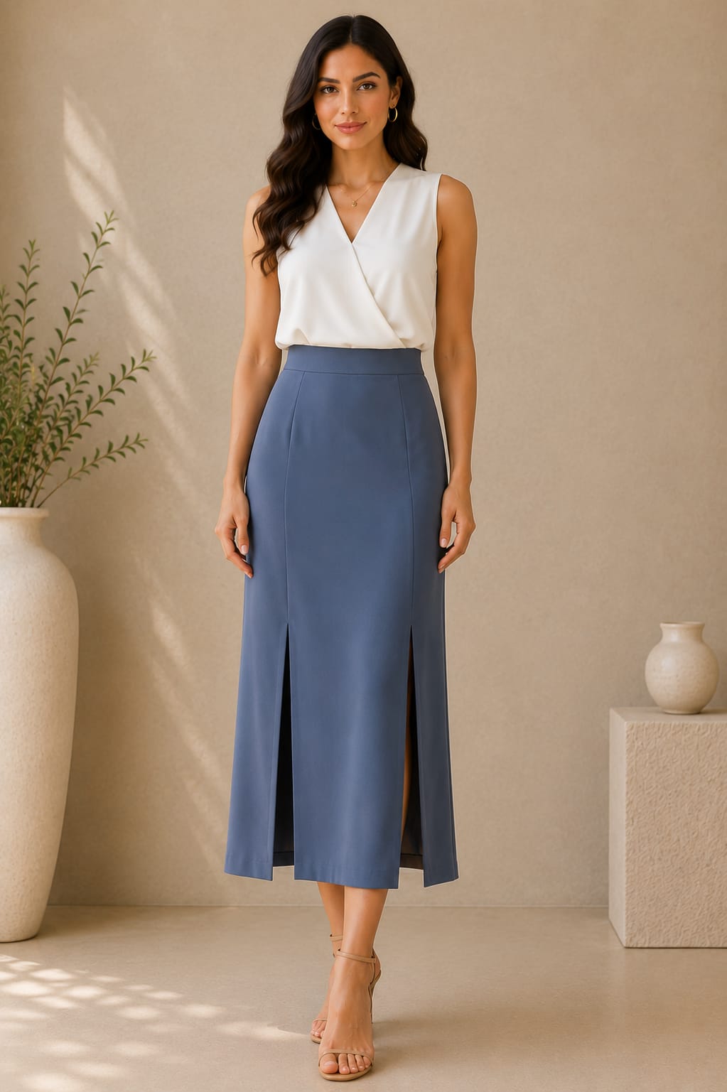 Double Front Slit Column Midi Skirt