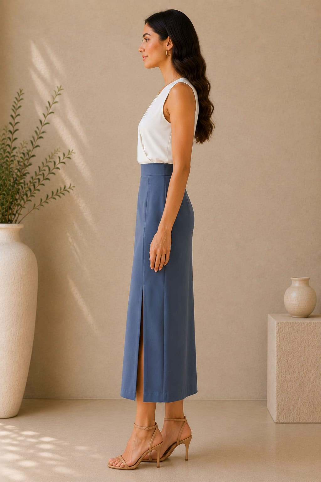 Double Front Slit Column Midi Skirt