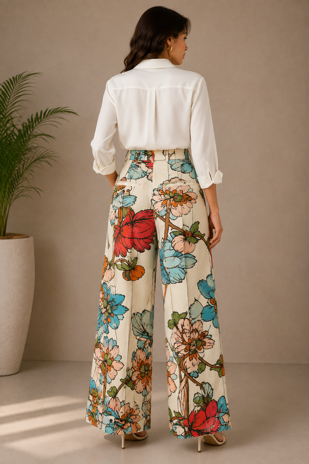 Women's Floral Print High-Waist Wide-Leg Trousers
