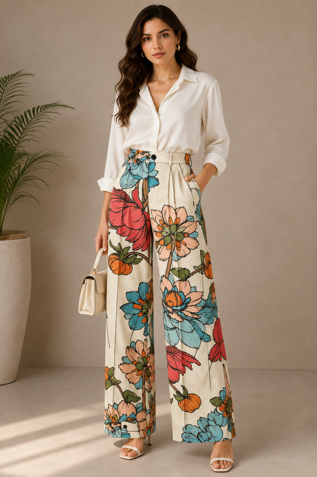 Women's Floral Print High-Waist Wide-Leg Trousers