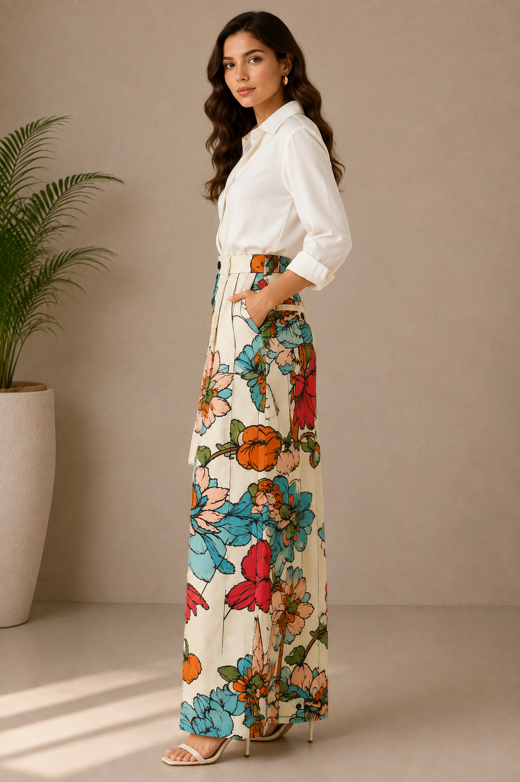 Women's Floral Print High-Waist Wide-Leg Trousers