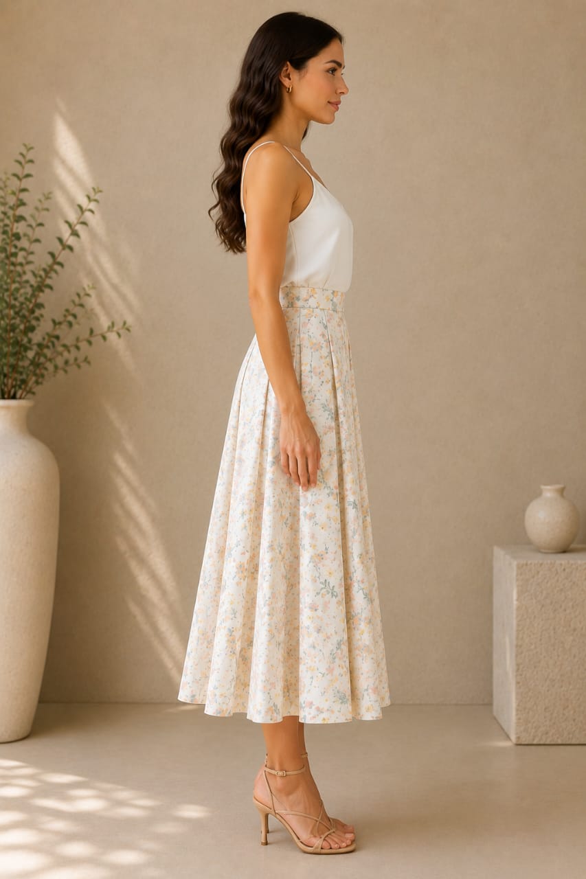Floral Print Pleated Midi Skirt