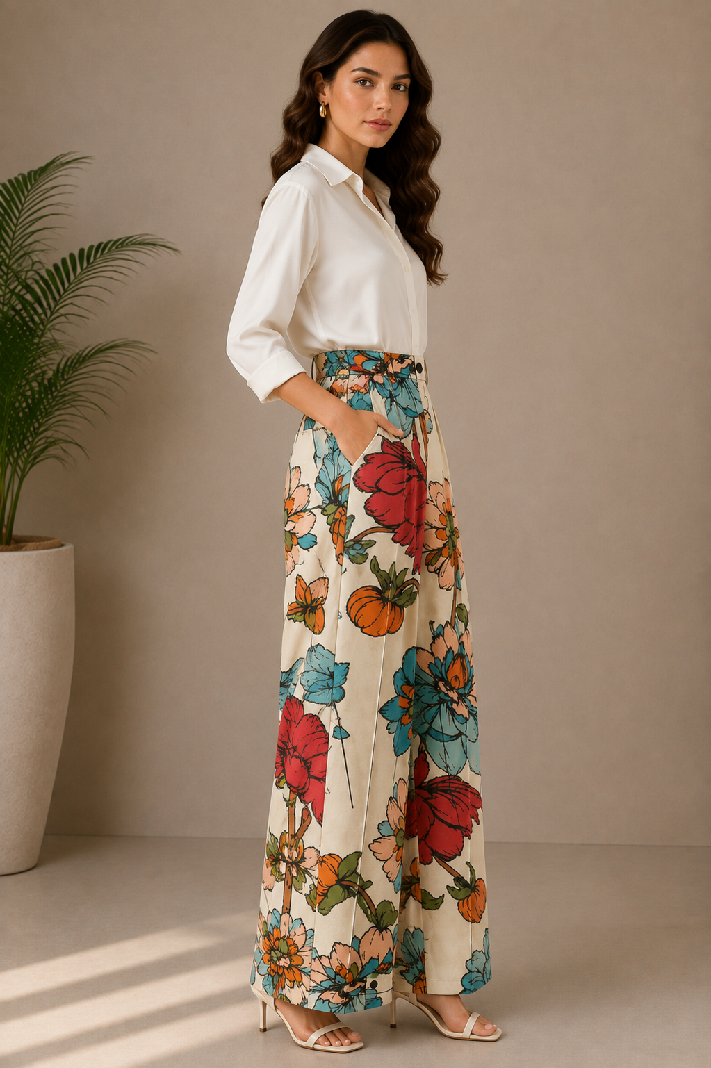 Women's Floral Print High-Waist Wide-Leg Trousers
