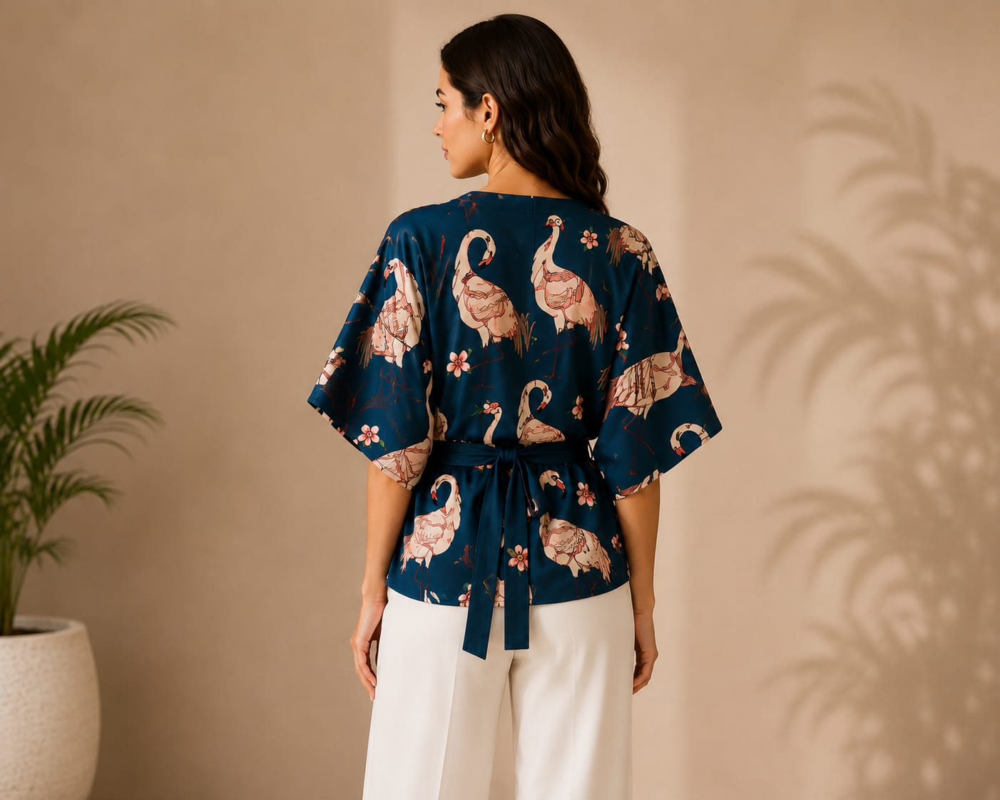 Women's Navy Blue Floral Crane Print Kimono Wrap Top with Waist Tie | Hey Martina