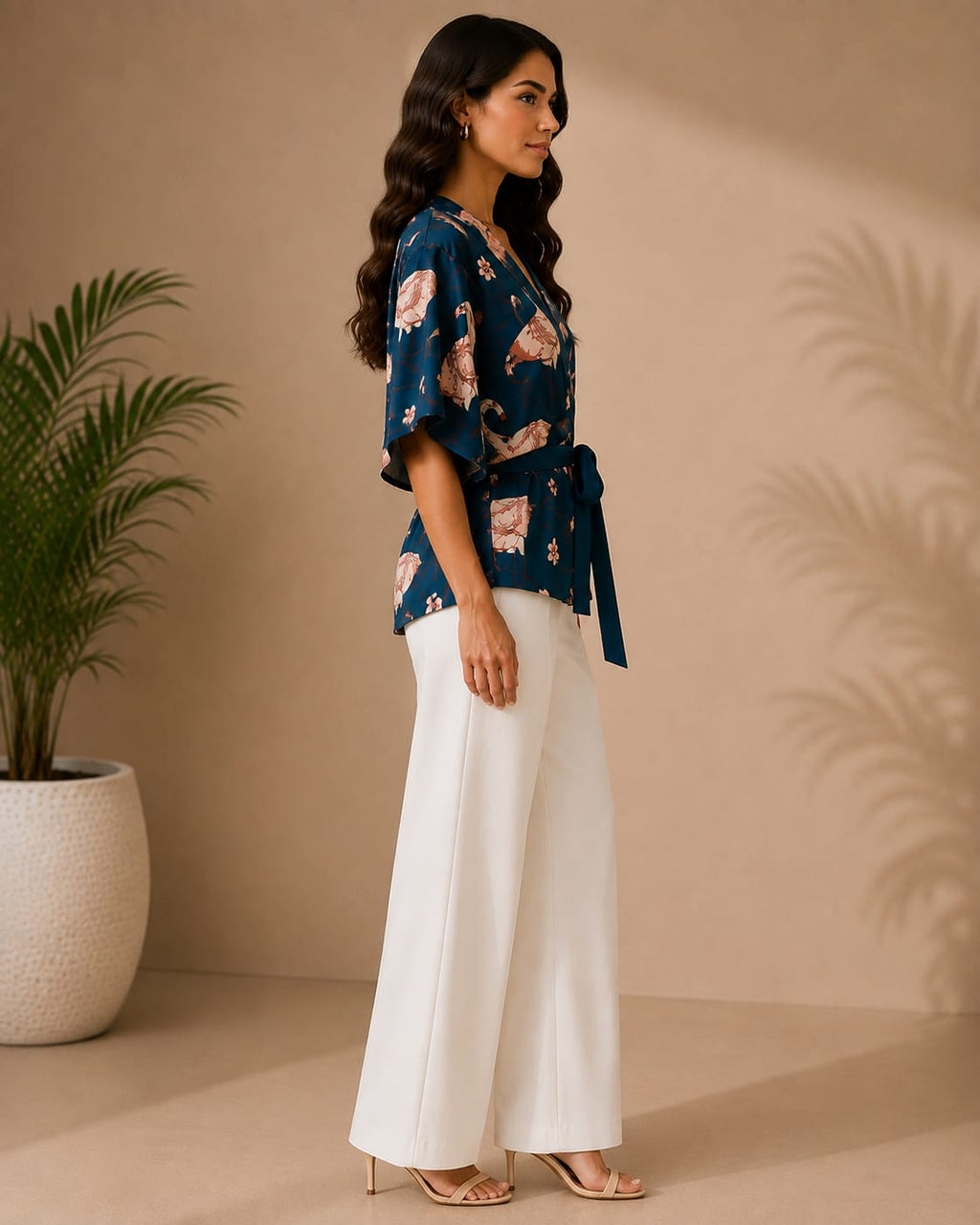 Women's Navy Blue Floral Crane Print Kimono Wrap Top with Waist Tie | Hey Martina