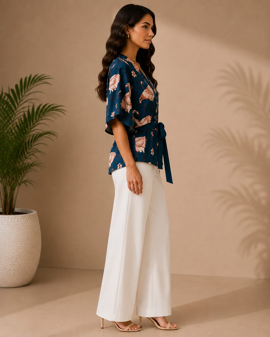 Women's Navy Blue Floral Crane Print Kimono Wrap Top with Waist Tie | Hey Martina
