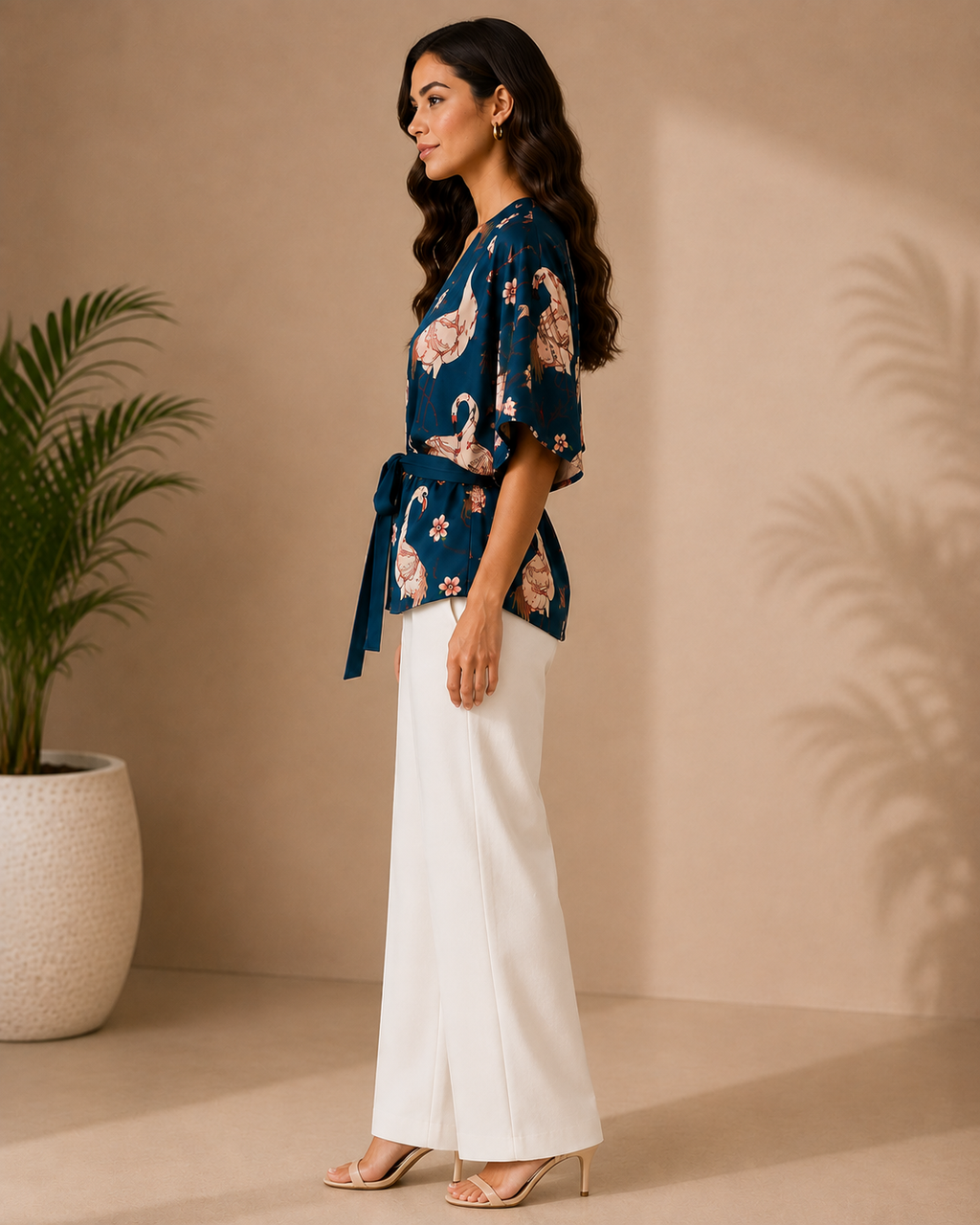 Women's Navy Blue Floral Crane Print Kimono Wrap Top with Waist Tie | Hey Martina