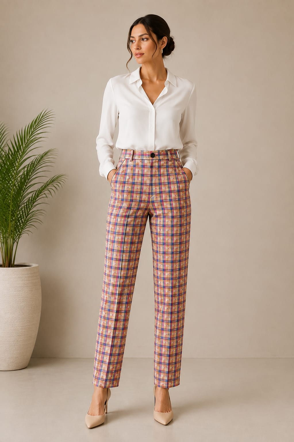 Women's High-Waist Plaid Straight-Leg Trousers – Multicolor Check | Premium Office Wear | Hey Martina