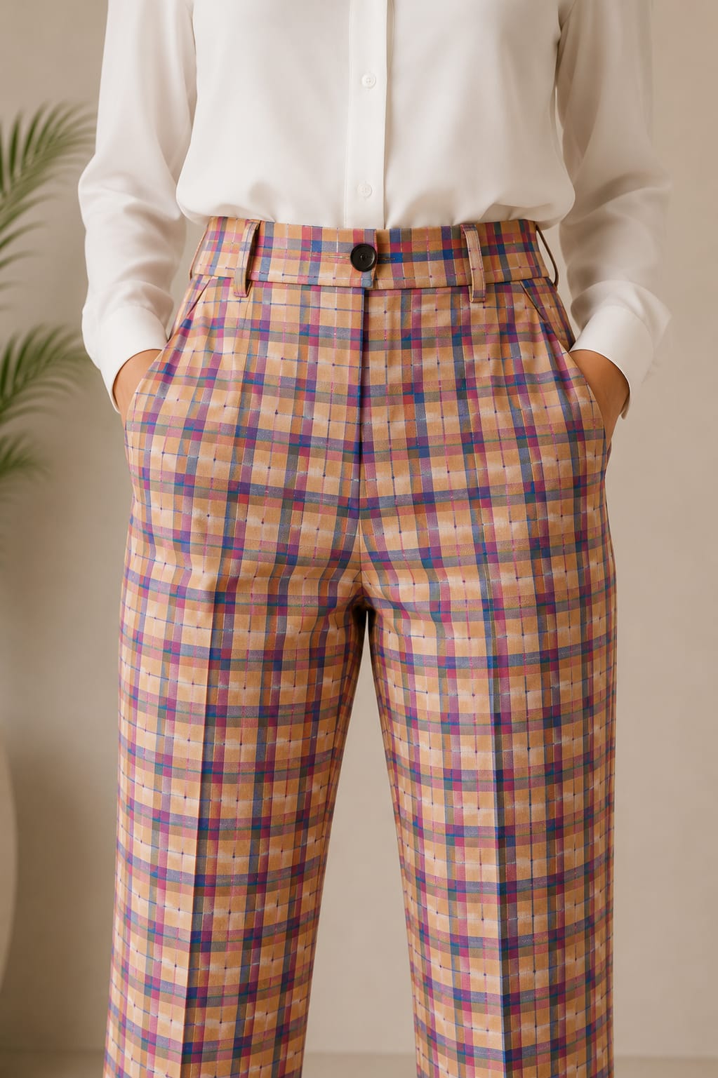 Women's High-Waist Plaid Straight-Leg Trousers – Multicolor Check | Premium Office Wear | Hey Martina
