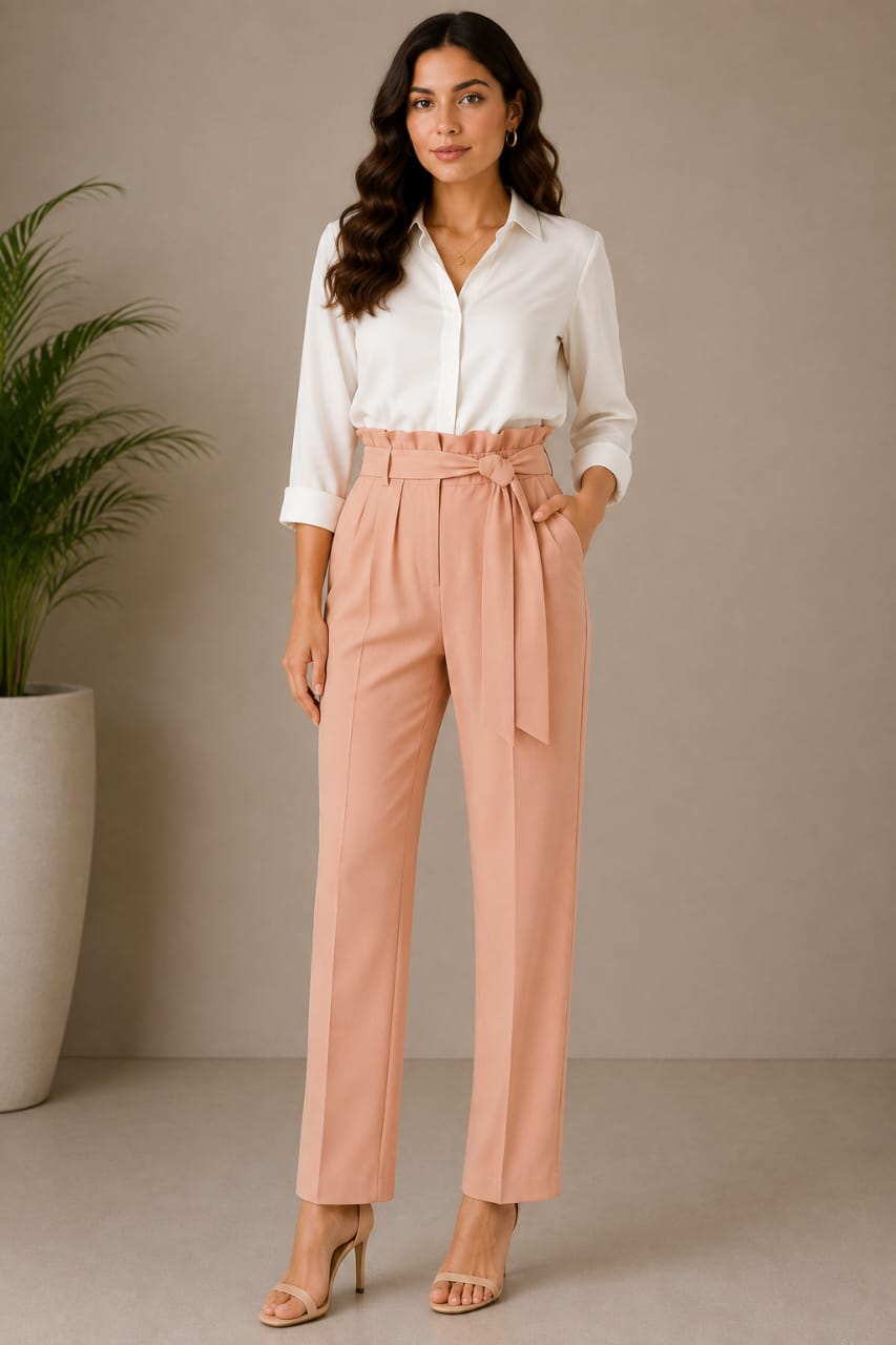 Women's Blush Pink High-Waist Straight-Leg Trousers with Tie Waist Belt