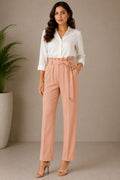 Women's Blush Pink High-Waist Straight-Leg Trousers with Tie Waist Belt
