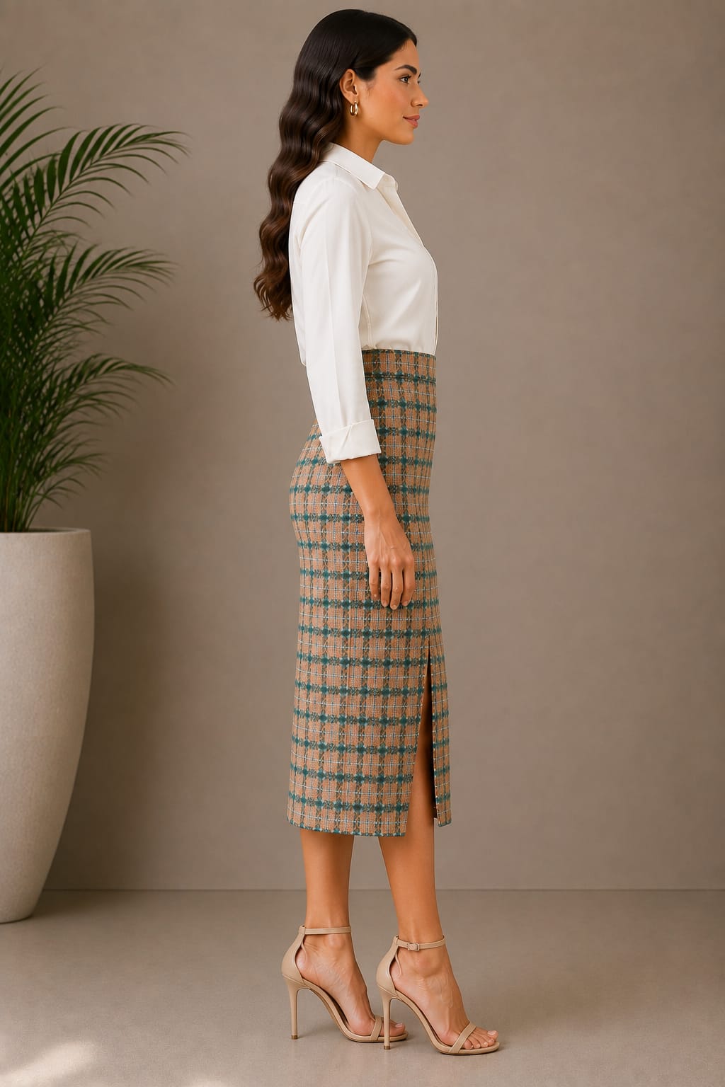 Plaid Tweed Pencil Midi Skirt