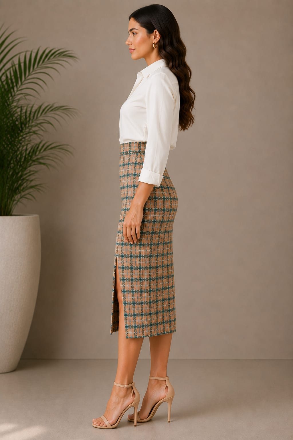 Plaid Tweed Pencil Midi Skirt