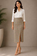 Plaid Tweed Pencil Midi Skirt