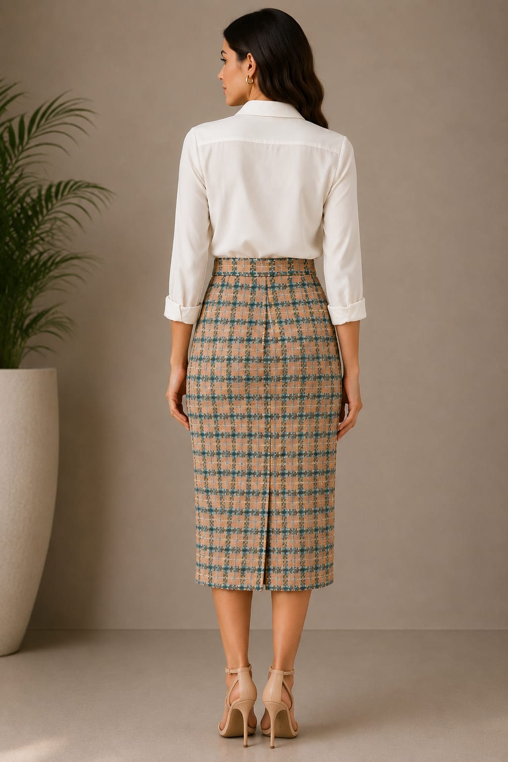 Plaid Tweed Pencil Midi Skirt