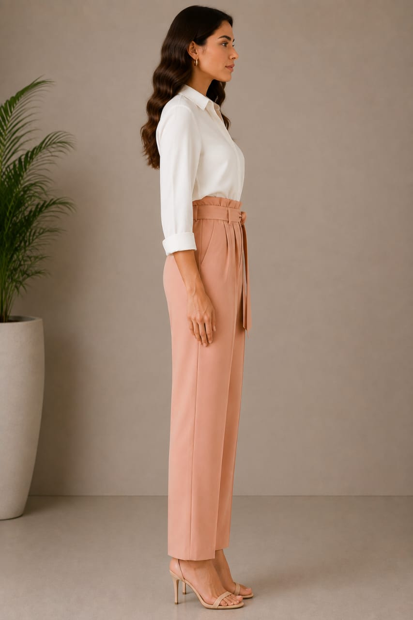 Women's Blush Pink High-Waist Straight-Leg Trousers with Tie Waist Belt