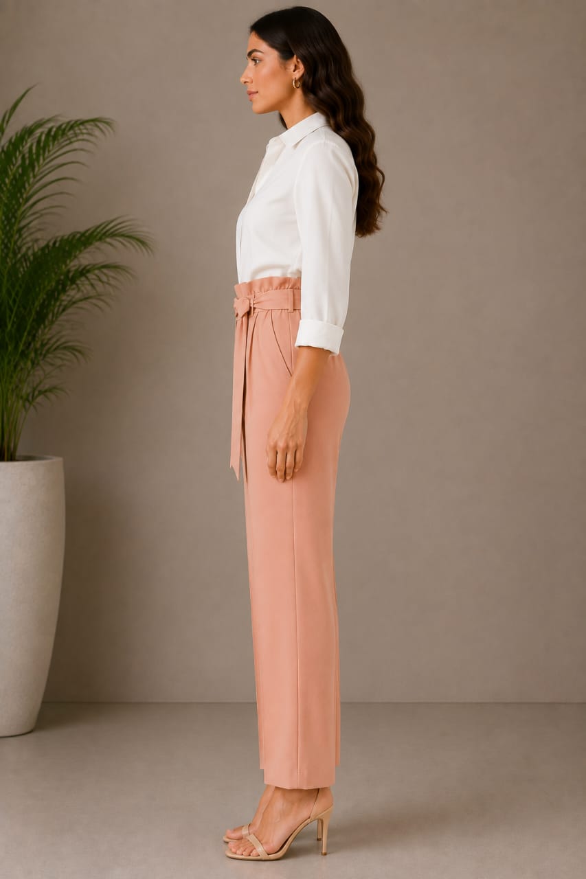 Women's Blush Pink High-Waist Straight-Leg Trousers with Tie Waist Belt