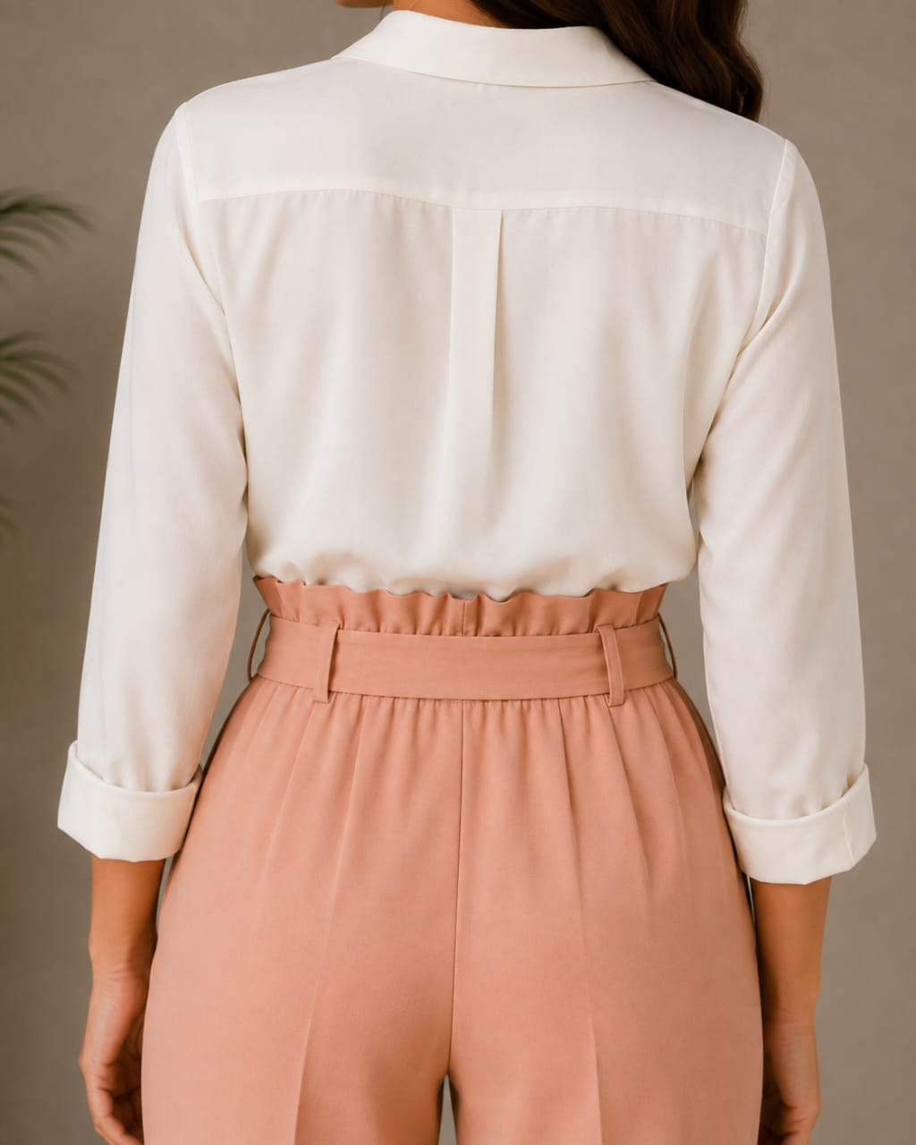 Women's Blush Pink High-Waist Straight-Leg Trousers with Tie Waist Belt